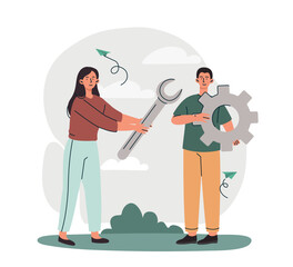 Poster - remote job concept. woman holds out wrench to man with gear. metaphor of partnership and collaborati