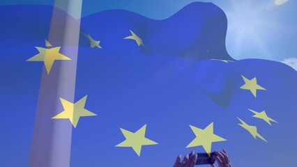 Poster - Animation of flag of eu over caucasian male worker and wind turbine