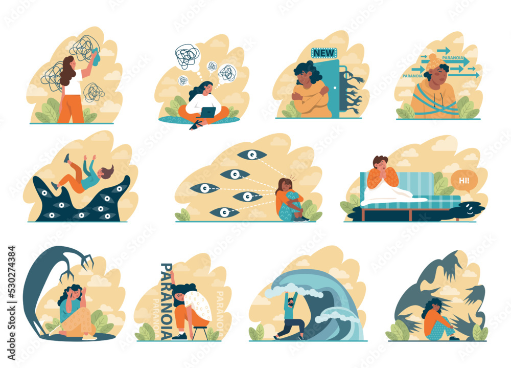 Human Paranoia Paranoia concept set. Human's irrational inner fears and panic. Mental ...