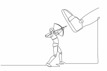 Poster - Single continuous line drawing robot aiming bow against giant shoes stomping. Robot archering against giant foot step. Robotic artificial intelligence. One line draw graphic design vector illustration