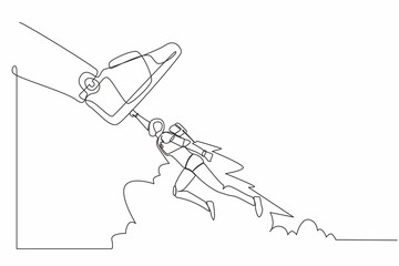 Poster - single continuous line drawing robot flying with jetpack against giant shoes stomping. robot fly up 