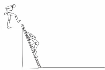 Poster - Continuous one line drawing robot kicking to make rival falling down from top ladder of success. Humanoid cybernetic organism. Future robotic development. Single line draw design vector illustration