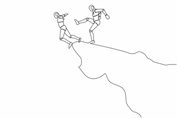 Poster - Single one line drawing robot kick throw colleague off cliff or hill. Eliminate rival coworker. Rivalry and competition. Future technology development. Continuous line draw design vector illustration