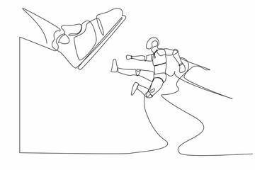 Poster - Continuous one line drawing robot kick giant foot stomp. Robot doing flying kick to big boot. Humanoid cybernetic organism. Future robotic development. Single line design vector graphic illustration