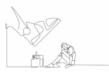 Poster - Single continuous line drawing robot sitting on the floor near office supplies under big foot stomp. Unemployment, dismissal. Robotic artificial intelligence. One line draw design vector illustration