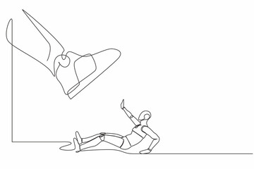 Aufkleber - Continuous one line drawing robot under giant foot. Big boss foot in the shoe going to crush tech. Humanoid robot cybernetic organism. Future robotic. Single line design vector graphic illustration