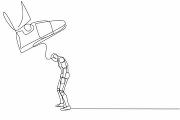 Poster - Single one line drawing robot standing weak under huge boot shoe, being fired from company. Future technology development. Artificial intelligence. Continuous line design graphic vector illustration