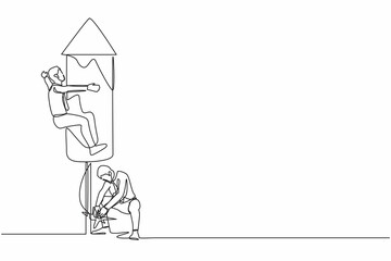 Poster - single continuous line drawing businessman ignites a fireworks rocket while his teammates prepare to