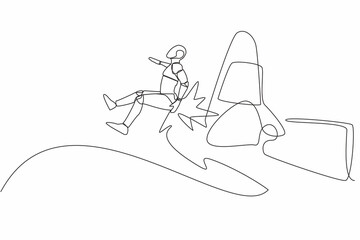 Poster - Single continuous line drawing robot getting fired, flying through air after being kicked in the back. Modern robotic artificial intelligence. Dynamic one line draw graphic design vector illustration