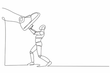 Poster - Single one line drawing robot against giant shoes stomping. Robot push against giant foot step. Future technology development. Artificial intelligence. Continuous line draw design vector illustration