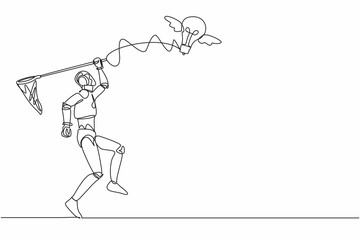 Poster - single one line drawing robot try to catching flying light bulb with butterfly net. hard to search t