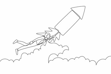 Poster - single one line drawing businesswoman fly on firework rocket while looking at business opportunities