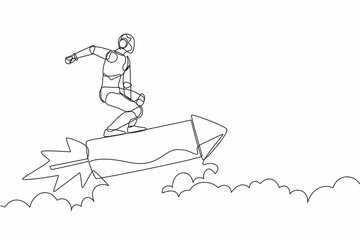 Poster - Single one line drawing robot standing astride a rocket and flying through the air. Humanoid robot cybernetic organism. Future robotic development. Continuous line design graphic vector illustration