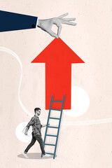 Aufkleber - Vertical collage portrait of huge human arm hold arrow up little guy climb ladder isolated on drawing background
