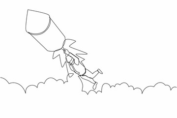 Poster - Single continuous line drawing businessman fly on fireworks rockets while looking at business opportunities. Excited motivated worker prepare for project launch. One line design vector illustration