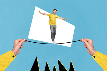 Sticker - Composite collage illustration of human arms fingers hold rope small guy walking keep balance isolated on drawing background