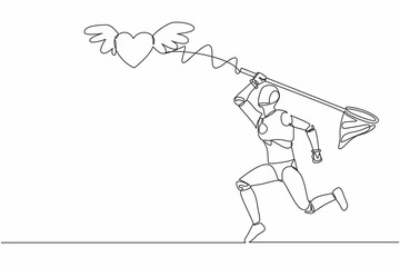 Poster - Single one line drawing robot try to catching flying heart with butterfly net. Love relationship with technology. Future technology. Artificial intelligence. Continuous line design vector illustration