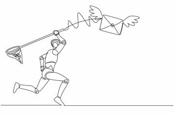Poster - Single continuous line drawing robot try to catching flying mail with butterfly net. Not read incoming message from office. Robotic artificial intelligence. One line graphic design vector illustration