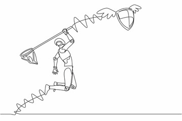 Poster - Continuous one line drawing robot try to catching flying shield with butterfly net. Expensive security for tech protection. Humanoid cybernetic organism. Single line graphic design vector illustration