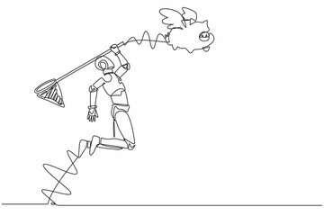 Poster - Single one line drawing robot try to catching flying piggy bank with butterfly net. Losing money saving for tech investment. Technology development. Continuous line design graphic vector illustration