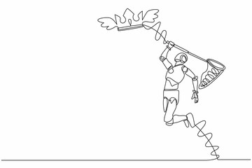 Poster - Single continuous line drawing robot try to catching flying crown with butterfly net. Royal, luxury, vip, robotic kingdom sign. Robot artificial intelligence. One line draw design vector illustration