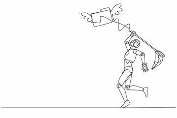 Poster - Continuous one line drawing robot try to catch flying folder with butterfly net. Analyzing tech document, file archive. Humanoid robot cybernetic organism. Single line draw design vector illustration