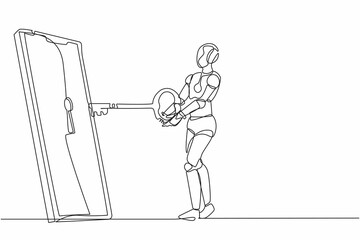 Poster - Continuous one line drawing robot put key into smartphone. Data privacy for protect user from hacker. Password security. Humanoid robot cybernetic organism. Single line draw design vector illustration