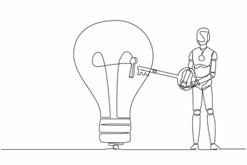 Wall Mural - Single one line drawing robot put big key into light bulb. Unlock innovation on business idea. Future technology development. Artificial intelligence. Continuous line draw design vector illustration