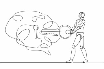 Poster - Single continuous line drawing robot putting key into brain. Unlock personality for better healthy. Open mind. Modern robotic artificial intelligence. One line draw graphic design vector illustration