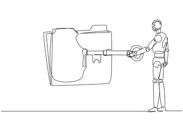 Poster - Single one line drawing robot put big key into folder. Document protection. Data security. Secret information. Future technology development. Continuous line draw design graphic vector illustration