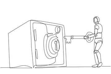 Poster - Continuous one line drawing robot putting big key into safety deposit box. Money, gold, securities protection. Humanoid robot cybernetic organism. Single line draw design vector graphic illustration