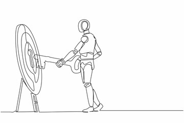 Poster - Single continuous line drawing robot putting big key into bullseye target. Unlock business opportunity. Goal achievement. Robotic artificial intelligence. One line design vector graphic illustration