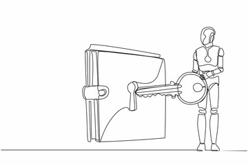 Poster - single continuous line drawing robot put big key into wallet. money protection financial security. d