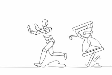 Poster - Single continuous line drawing stressed robot being chased by hourglass. Afraid with work deadline, depression. Modern robotic artificial intelligence. One line draw graphic design vector illustration