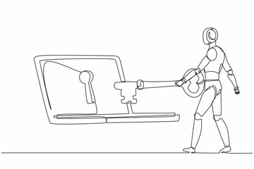 Poster - Single continuous line drawing robot putting key into laptop. Protection internet encryption, access to encrypted data. Robot artificial intelligence. One line draw design vector graphic illustration