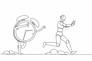 Poster - single one line drawing stressed robot being chased by alarm clock. hurry in deadline project. runni