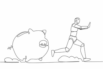 Poster - single continuous line drawing stressed robot being chased by piggy bank. economic crash. losing mon