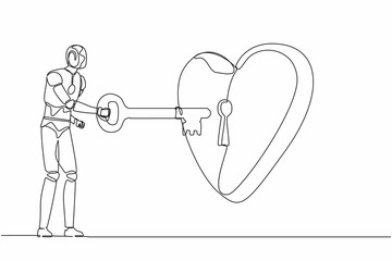 Poster - Single continuous line drawing robot putting key into heart. Humanoid robot try to unlock heart icon. Metaphor love. Robotic artificial intelligence. One line draw graphic design vector illustration
