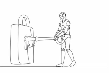 Poster - continuous one line drawing robot putting big key into padlock. business security, private property 