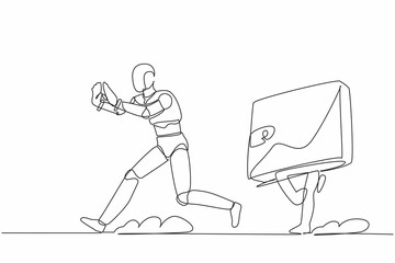 Poster - Single one line drawing stressed robot being chased by wallet. Losing money and business profit. Future technology development. Artificial intelligence. Continuous line draw design vector illustration