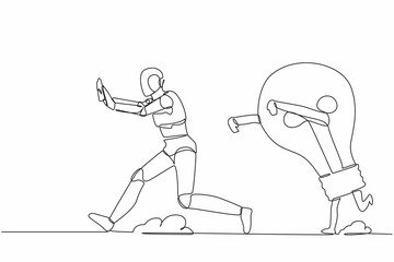 Poster - Single continuous line drawing stressed robot being chased by light bulb. Afraid with innovation business idea. Electronic robotic technology industry. One line draw graphic design vector illustration