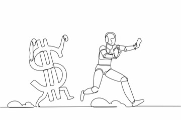 Poster - Continuous one line drawing stressed robot being chased by dollar symbol. Afraid with economic or financial crisis. Humanoid robot cybernetic organism. Single line design vector graphic illustration