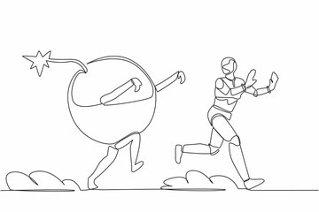 Poster - Single one line drawing stressed robot being chased by bomb. Afraid with ecosystem destruction. Future technology development. Artificial intelligence. Continuous line draw design vector illustration