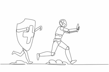 Poster - Continuous one line drawing stressed robot being chased by shield. Afraid about budget increasing of healthcare insurance. Humanoid robot cybernetic organism. Single line design vector illustration