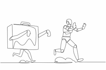 Poster - continuous one line drawing stressed robot being chased by briefcase. afraid with evaluation of proj