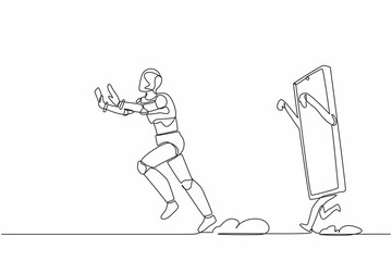 Poster - Single continuous line drawing stressed robot being chased by smartphone. Afraid to talk with technology manager. Modern robotic artificial intelligence. One line graphic design vector illustration