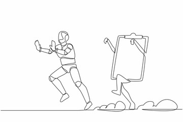 Poster - single one line drawing stressed robot being chased by clipboard. hurry in finishing checklist indus