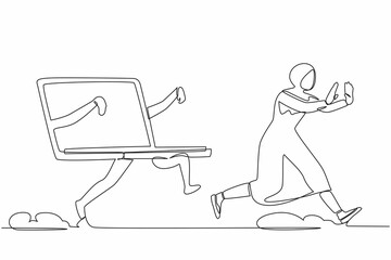 Fototapete - Single continuous line drawing fright Arab business woman being chased by laptop. Female employee in deadlines of project tasks. Minimalism metaphor concept. One line draw design vector illustration