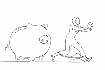 Poster - Continuous one line drawing fright Arab businesswoman being chased by piggy bank. Worker in financial or economic crash. Losing money. Minimalist metaphor. Single line draw design vector illustration