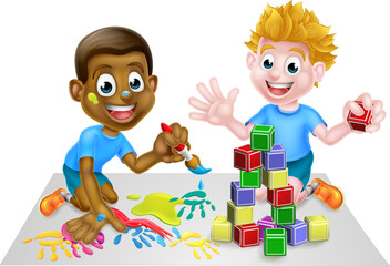 Sticker - Cartoon Boys Playing With Paint and Blocks